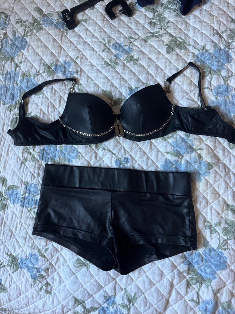 Black Faux Leather Chain-Trim Bra & Shorts Set